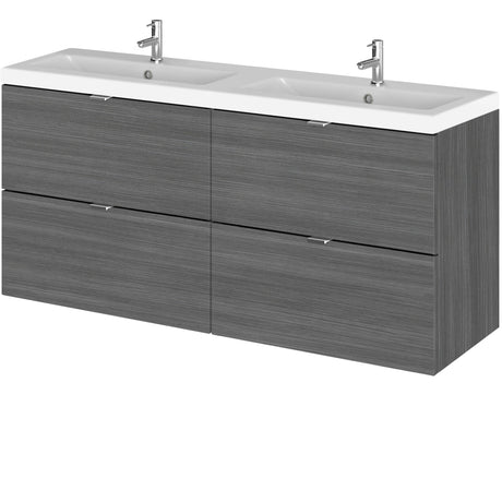 Hudson Reed Fusion 1200mm Full Depth Wall Hung Double Basin Vanity Unit & Basin, 4 Drawers Anthracite Woodgrain CBI532A