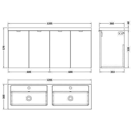 Hudson Reed Fusion 1200mm Full Depth Wall Hung Double Basin Vanity Unit & Basin, 4 Doors Anthracite Woodgrain CBI533 LD