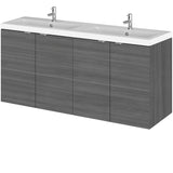 Hudson Reed Fusion 1200mm Full Depth Wall Hung Double Basin Vanity Unit & Basin, 4 Doors Anthracite Woodgrain CBI533A