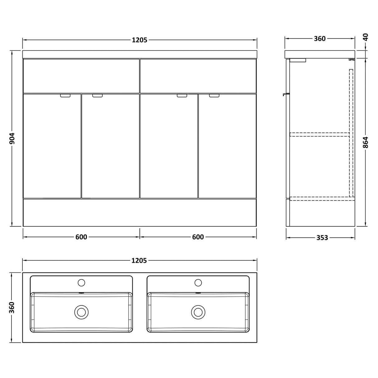 Hudson Reed Fusion 1200mm Full Depth Double Basin Vanity Unit & Basin, 4 Doors Anthracite Woodgrain CBI534 LD