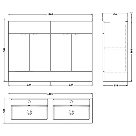 Hudson Reed Fusion 1200mm Full Depth Double Basin Vanity Unit & Basin, 4 Doors Anthracite Woodgrain CBI534 LD
