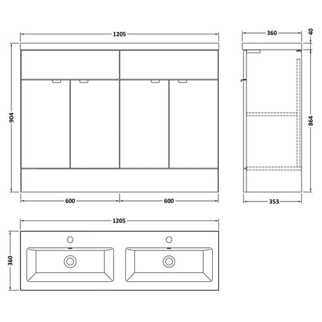 Hudson Reed Fusion 1200mm Full Depth Double Basin Vanity Unit & Basin, 4 Doors Anthracite Woodgrain CBI534A LD