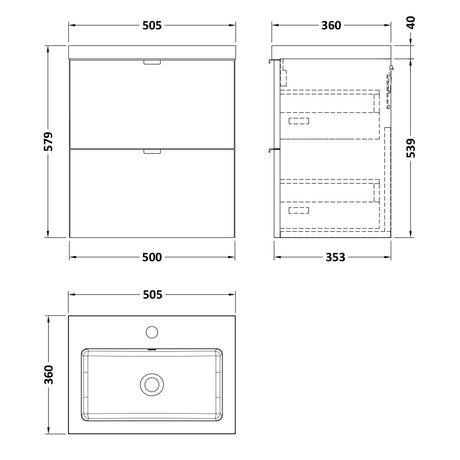 Hudson Reed Fusion 500mm Full Depth Wall Hung Basin Vanity Unit & Basin, 2 Drawers Anthracite Woodgrain CBI541 LD