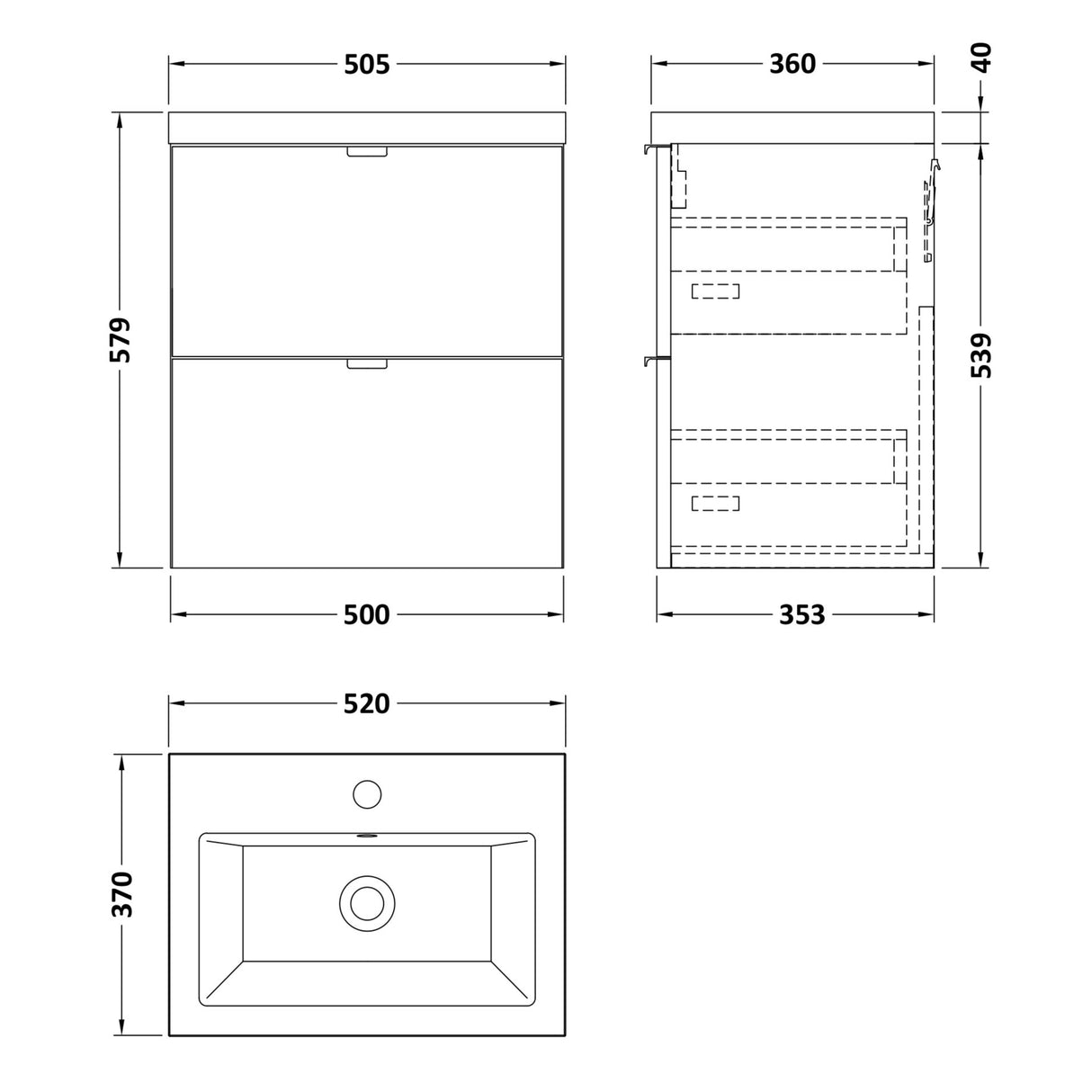 Hudson Reed Fusion 500mm Full Depth Wall Hung Basin Vanity Unit & Basin, 2 Drawers Anthracite Woodgrain CBI541A LD