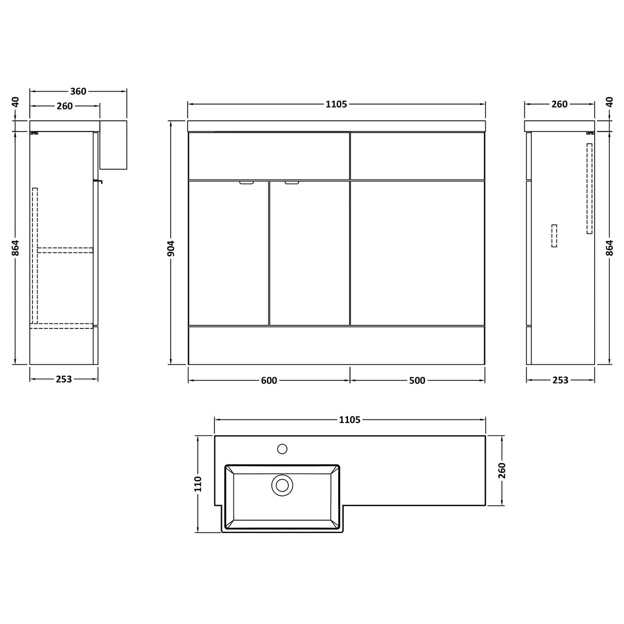 Hudson Reed Fusion Square Semi-Recessed Toilet & Basin Suite, 2 Door Vanity Unit (600mm), W1100mm Charcoal Black CBI650 LD