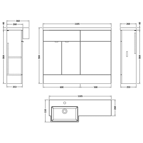 Hudson Reed Fusion Square Semi-Recessed Toilet & Basin Suite, 2 Door Vanity Unit (600mm), W1100mm Charcoal Black CBI650 LD