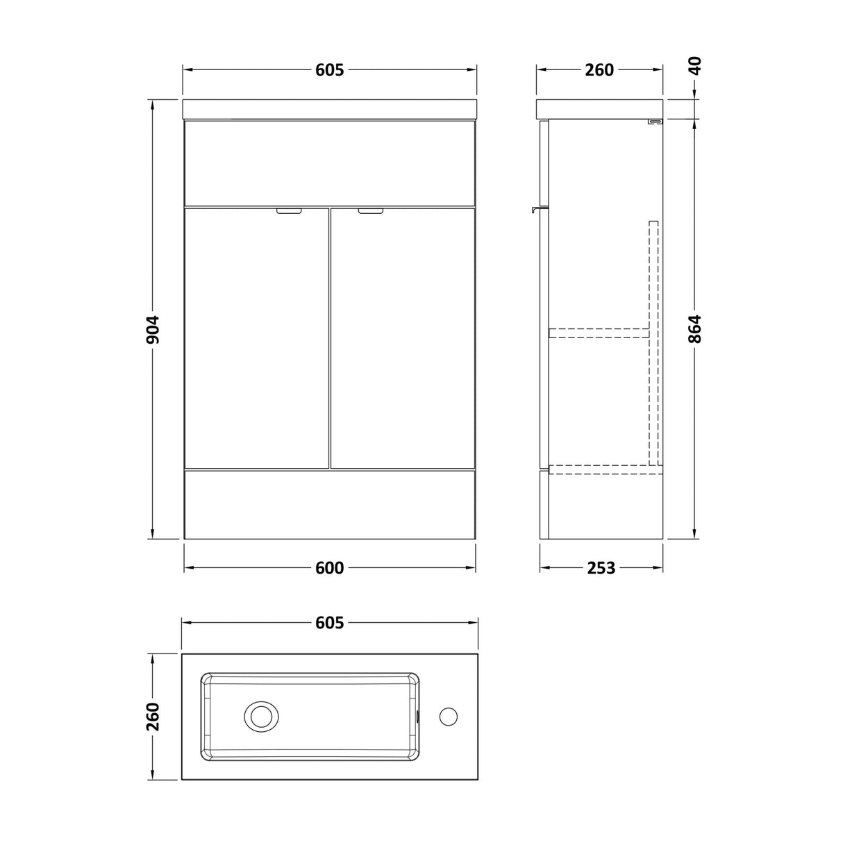 Hudson Reed Fusion Slimline 600mm Freestanding 2 Door Basin Vanity Unit & Basin Gloss Grey CBI906 LD