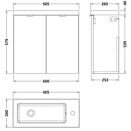 Hudson Reed Fusion 600mm Slimline Basin Vanity Unit & Basin, 2 Doors Gloss Grey CBI929 LD