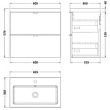 Hudson Reed Fusion 600mm Full Depth Wall Hung Basin Vanity Unit & Basin, 2 Drawers Gloss Grey CBI930 LD