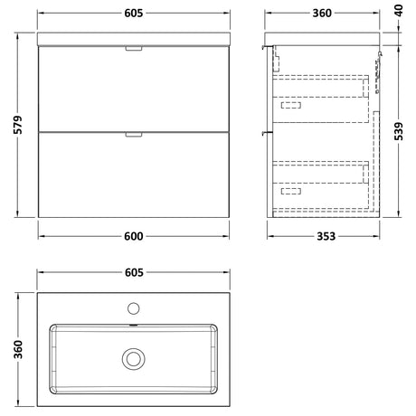 Hudson Reed Fusion 600mm Full Depth Wall Hung Basin Vanity Unit & Basin, 2 Drawers Gloss Grey CBI930 LD