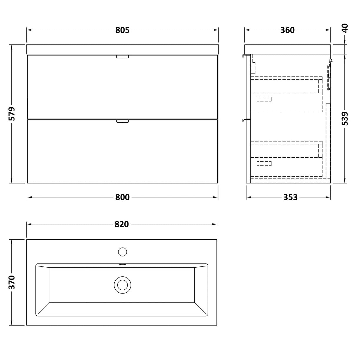Hudson Reed Fusion 800mm Full Depth Wall Hung Basin Vanity Unit & Basin, 2 Drawers Gloss Grey CBI931A LD