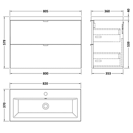 Hudson Reed Fusion 800mm Full Depth Wall Hung Basin Vanity Unit & Basin, 2 Drawers Gloss Grey CBI931A LD