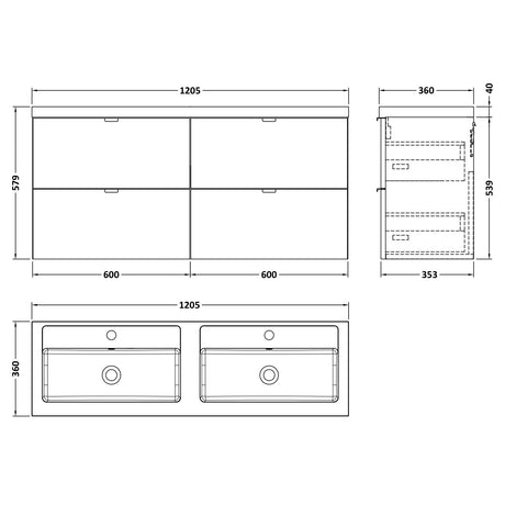 Hudson Reed Fusion 1200mm Full Depth Wall Hung Double Basin Vanity Unit & Basin, 4 Drawers Gloss Grey CBI932 LD