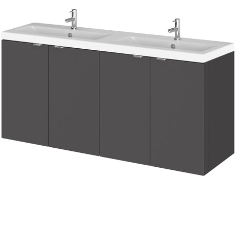 Hudson Reed Fusion 1200mm Full Depth Wall Hung Double Basin Vanity Unit & Basin, 4 Doors Gloss Grey CBI933A