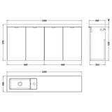 Hudson Reed Fusion 1200mm Slimline Wall Hung Vanity Unit & Basin, 4 Doors Gloss Grey CBI935 LD