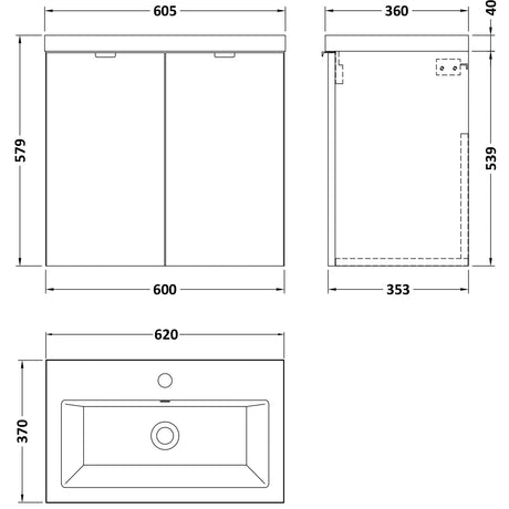Hudson Reed Fusion 600mm Full Depth Wall Hung Basin Vanity Unit & Basin, 2 Doors Gloss Grey CBI936A LD