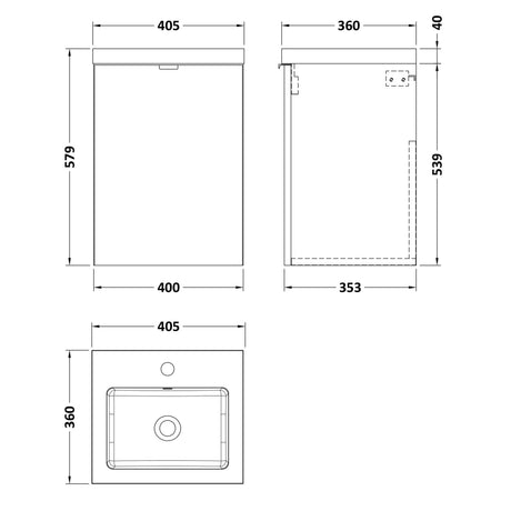 Hudson Reed Fusion 400mm Full Depth Wall Hung Basin Vanity Unit & Basin, 1 Door Gloss Grey CBI939 LD