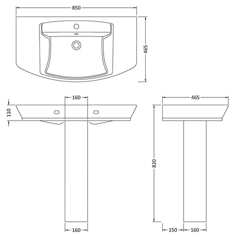 Hudson Reed Maya Basin & Full Pedestal 850mm wide, 1 Tap Hole White CCL004 LD