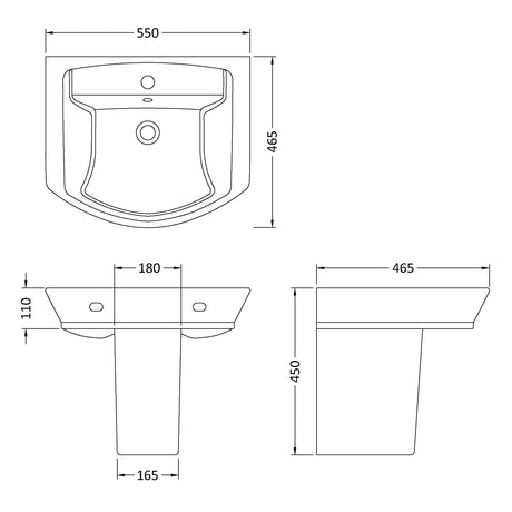 Hudson Reed Maya Wall Hung Basin & Semi Pedestal 550mm wide, 1 Tap Hole White CCL005 LD