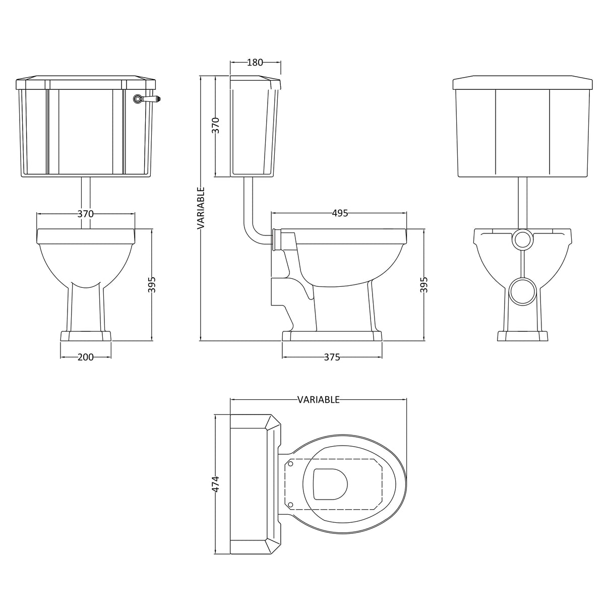 Old London Richmond Low Level Toilet With Cistern Lever & Flush Pipe Kit, Without Seat Gloss White CCR022 LD