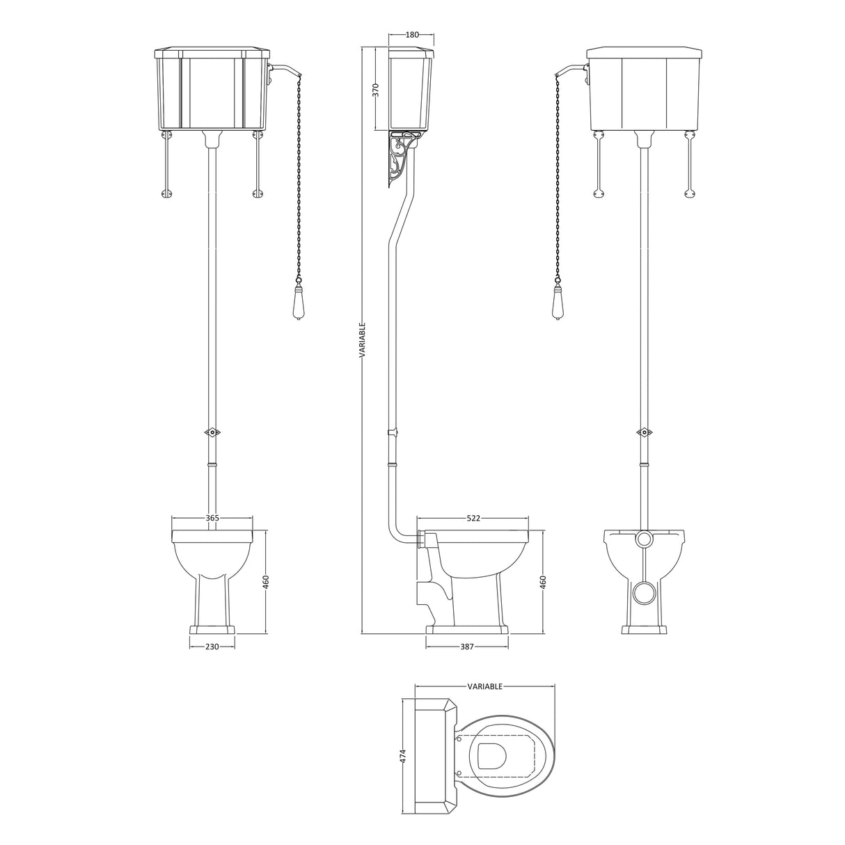 Old London Richmond Comfort Height High Level Toilet With Cistern Lever & Flush Pipe Kit, Without Seat Gloss White CCR035 LD
