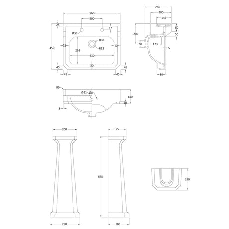 Nuie Carlton Basin & Full Pedestal 560mm wide - 2 Tap Hole CCT004 LD