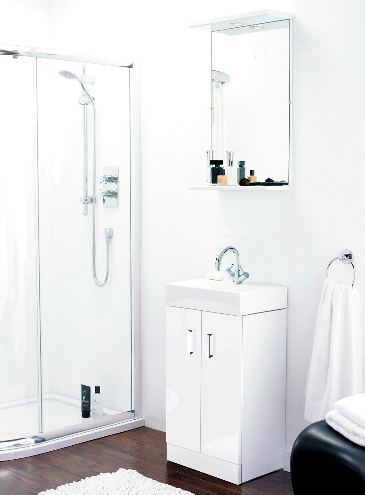 Nuie Mayford 450mm Floor Standing 2 Door Vanity Unit & Basin Gloss White Gloss White VTFW450 LS2