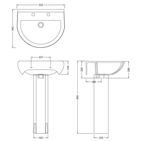 Nuie Ivo Basin & Full Pedestal 550mm wide - 2 Tap Hole CIV003 LD