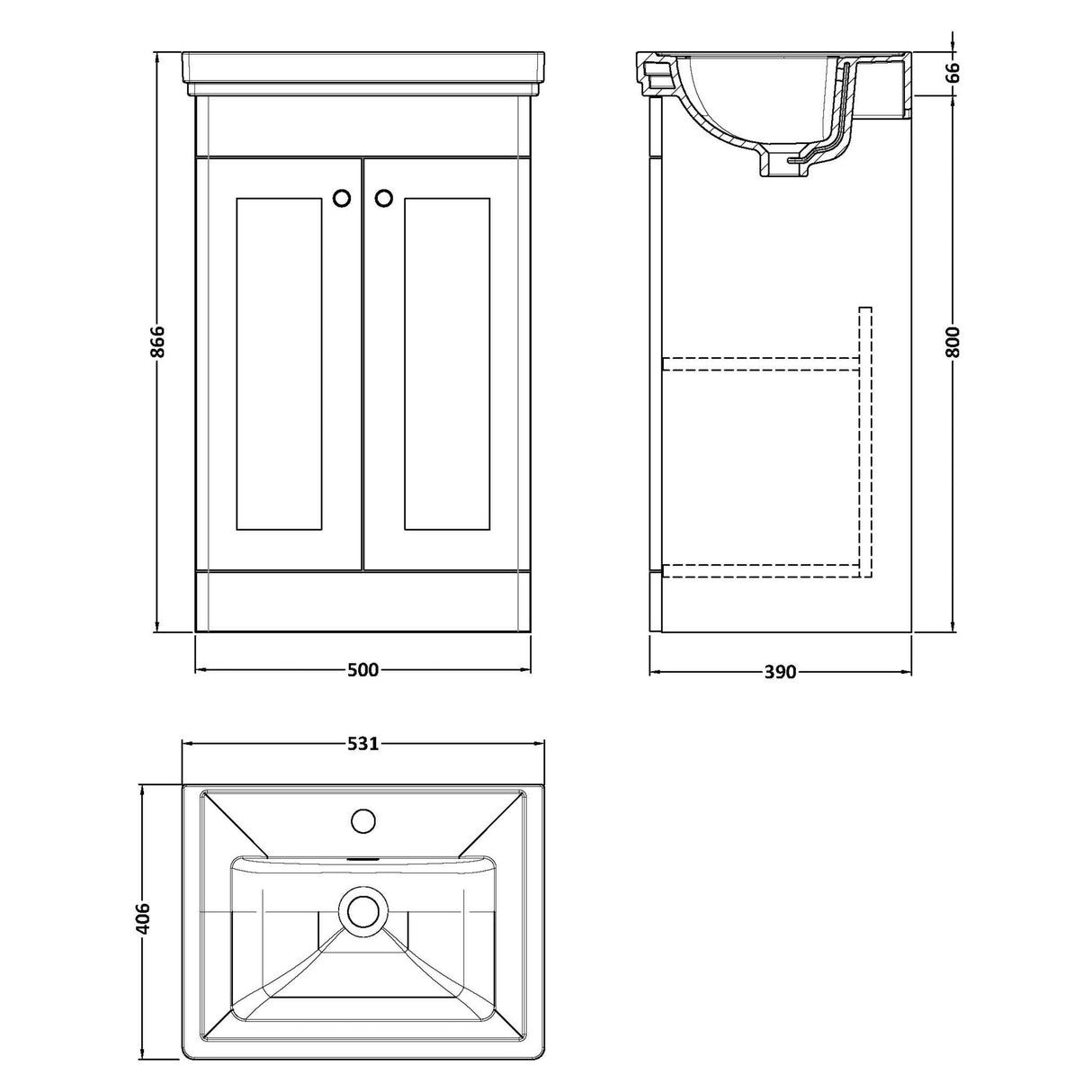 Nuie Classique 500mm Floorstanding 2 Door Vanity Unit & Basin Satin White CLC123A LD
