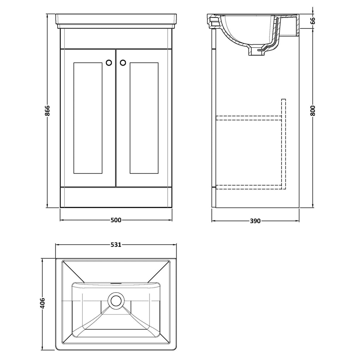 Nuie Classique 500mm Floorstanding 2 Door Vanity Unit & Basin Satin White CLC123H LD