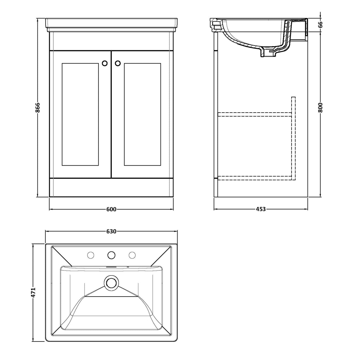 Nuie Classique 600mm Floorstanding 2 Door Vanity Unit & Basin Satin White CLC125B LD