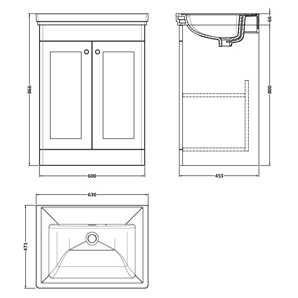 Nuie Classique 600mm Floorstanding 2 Door Vanity Unit & Basin Satin White CLC125H LD