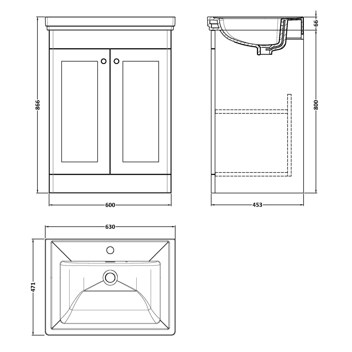 Nuie Classique 600mm Floorstanding 2 Door Vanity Unit & Basin Soft Black CLC1425A LD