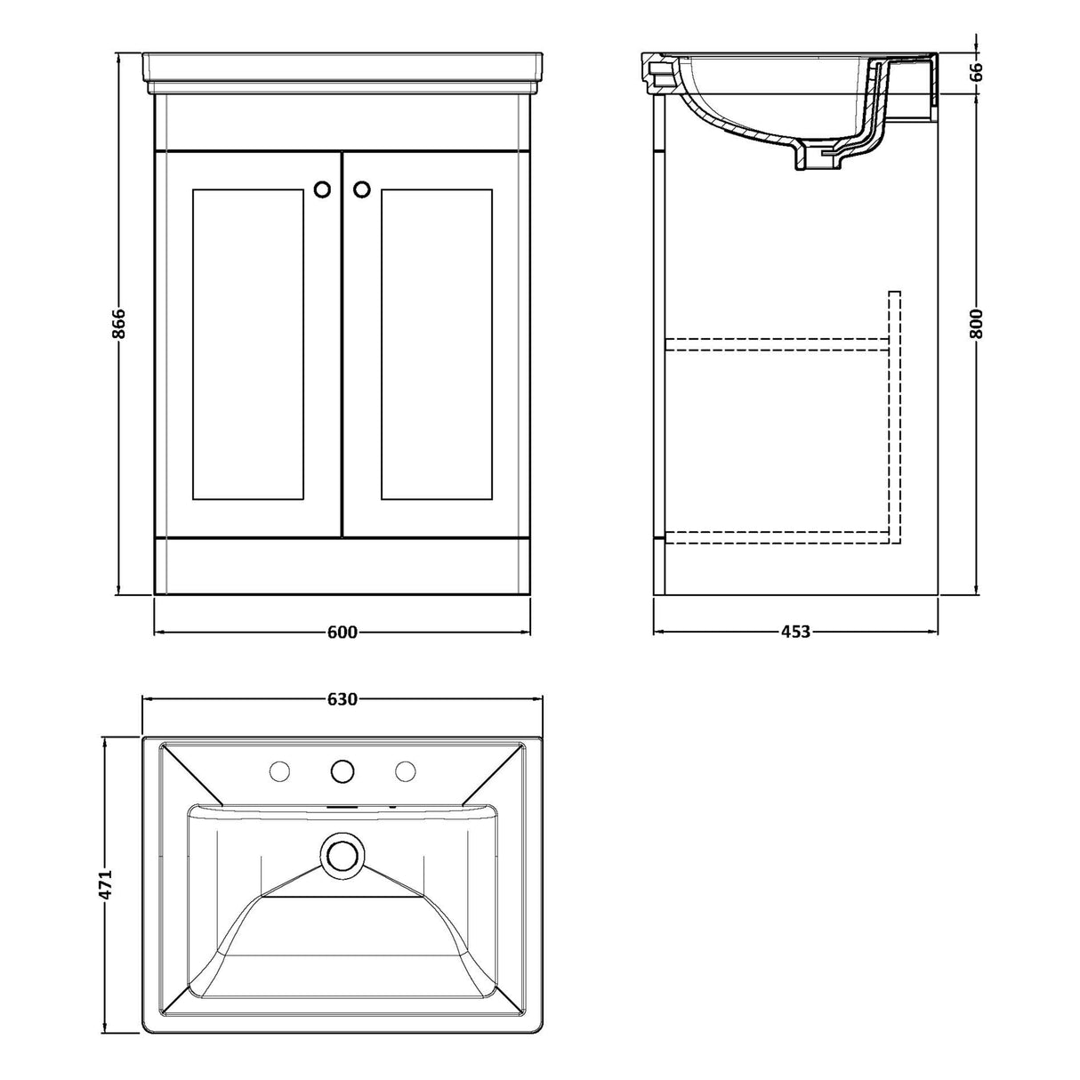 Nuie Classique 600mm Floorstanding 2 Door Vanity Unit & Basin Soft Black CLC1425B LD