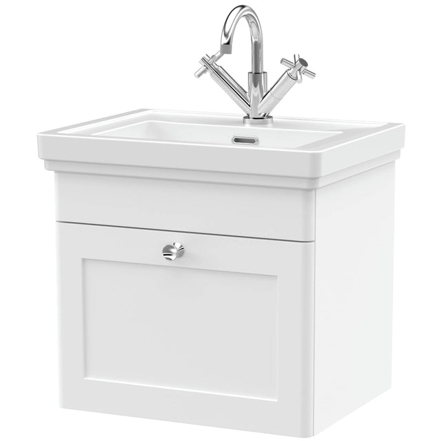 Nuie Classique 500mm Wall Hung 1 Drawer Vanity Unit & Basin Satin White CLC191A