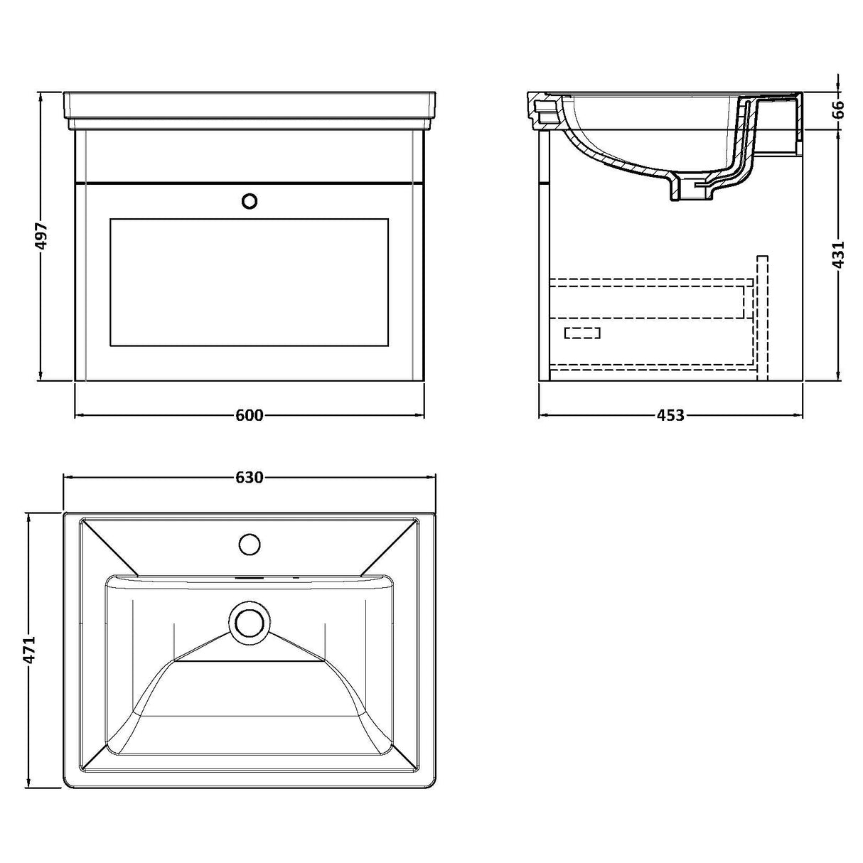 Nuie Classique 600mm Wall Hung 1 Drawer Vanity Unit & Basin Satin White CLC194A LD