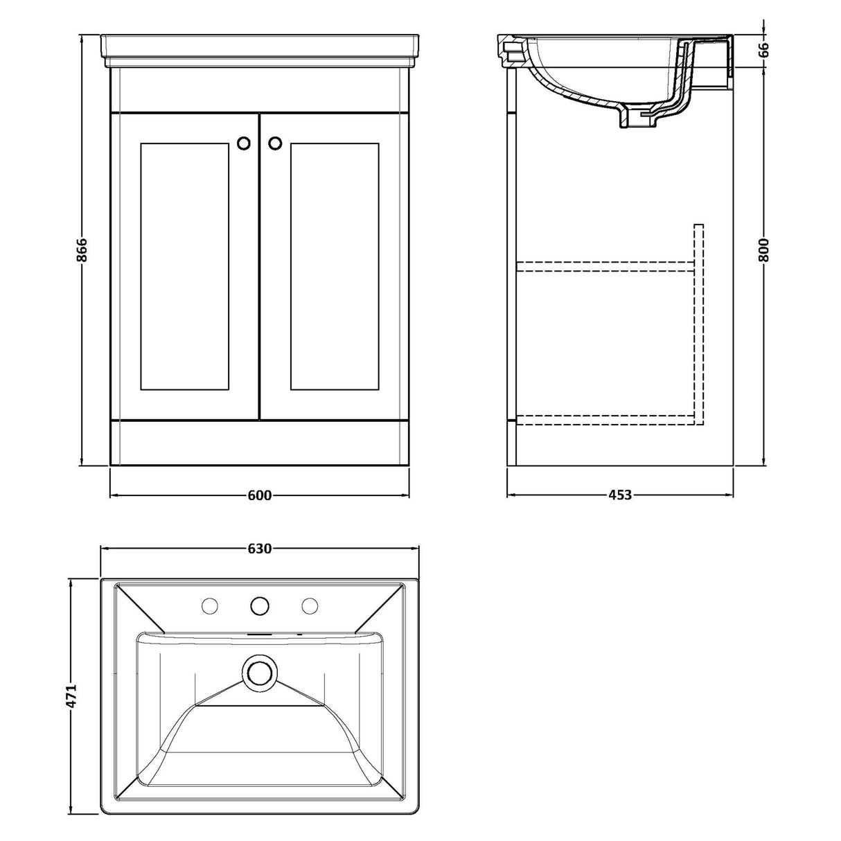 Nuie Classique 600mm Floorstanding 2 Door Vanity Unit & Basin Satin Grey CLC225B LD
