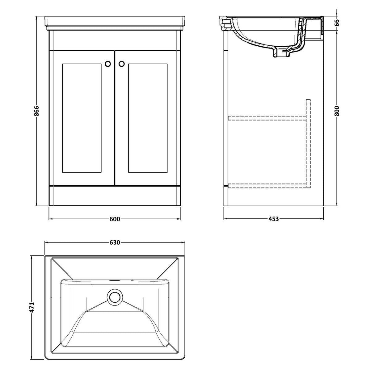 Nuie Classique 600mm Floorstanding 2 Door Vanity Unit & Basin Satin Grey CLC225H LD
