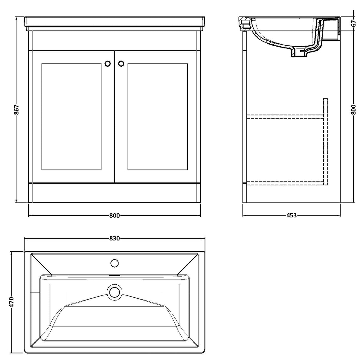 Nuie Classique 800mm Freestanding 2 Door Vanity Unit & Basin Satin Grey CLC226A LD