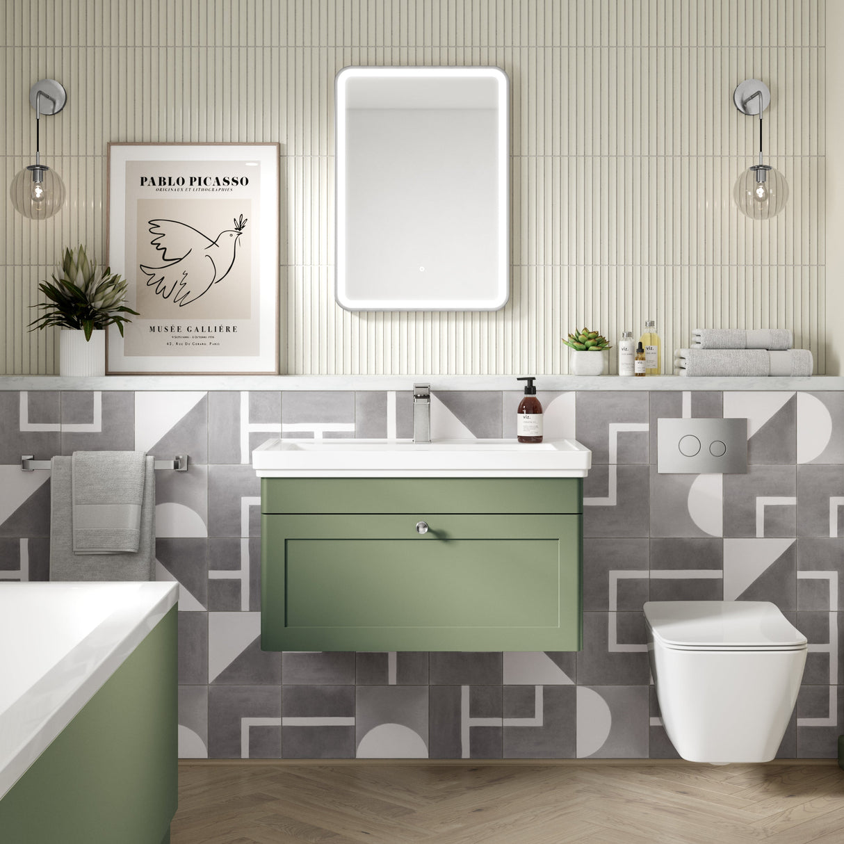 Nuie Classique 800mm Wall Hung 1 Drawer Vanity Unit & Basin Satin Green CLC896A LS