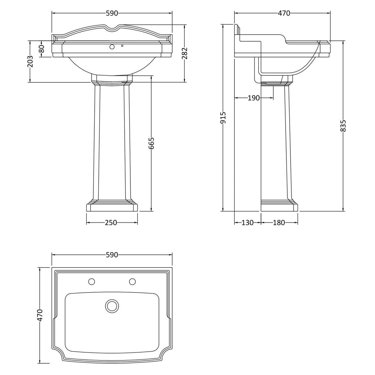 Nuie Legend Basin & Full Pedestal 590mm wide - 2 Tap Hole CLG004 LD