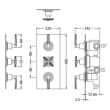 Nuie Aztec 3 Outlet Thermostatic Concealed Shower Valve With Diverter Brushed Brass CLL8023 LD