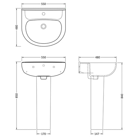 Nuie Lawton Basin & Full Pedestal 550mm wide - 1 Tap Hole CLW003 LD