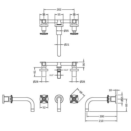 Nuie Aztec 3-Hole Wall Mounted Basin Mixer Tap Chrome CLX317 LD