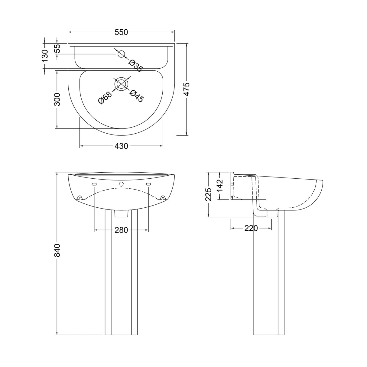 Nuie Melbourne Basin & Full Pedestal 550mm wide - 1 Tap Hole CML002 LD