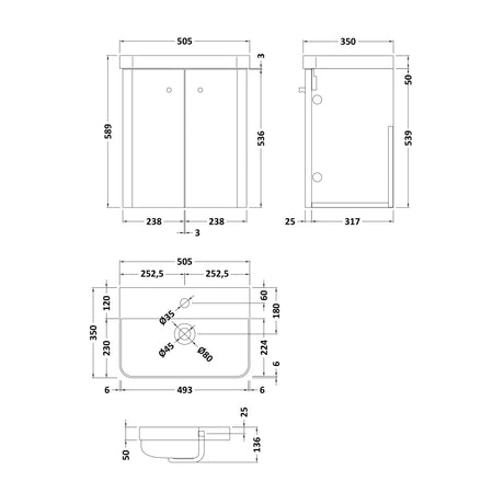 Nuie Core 500mm Wall Hung 2 Door Vanity Unit & Basin Soft Black COR1403 LD