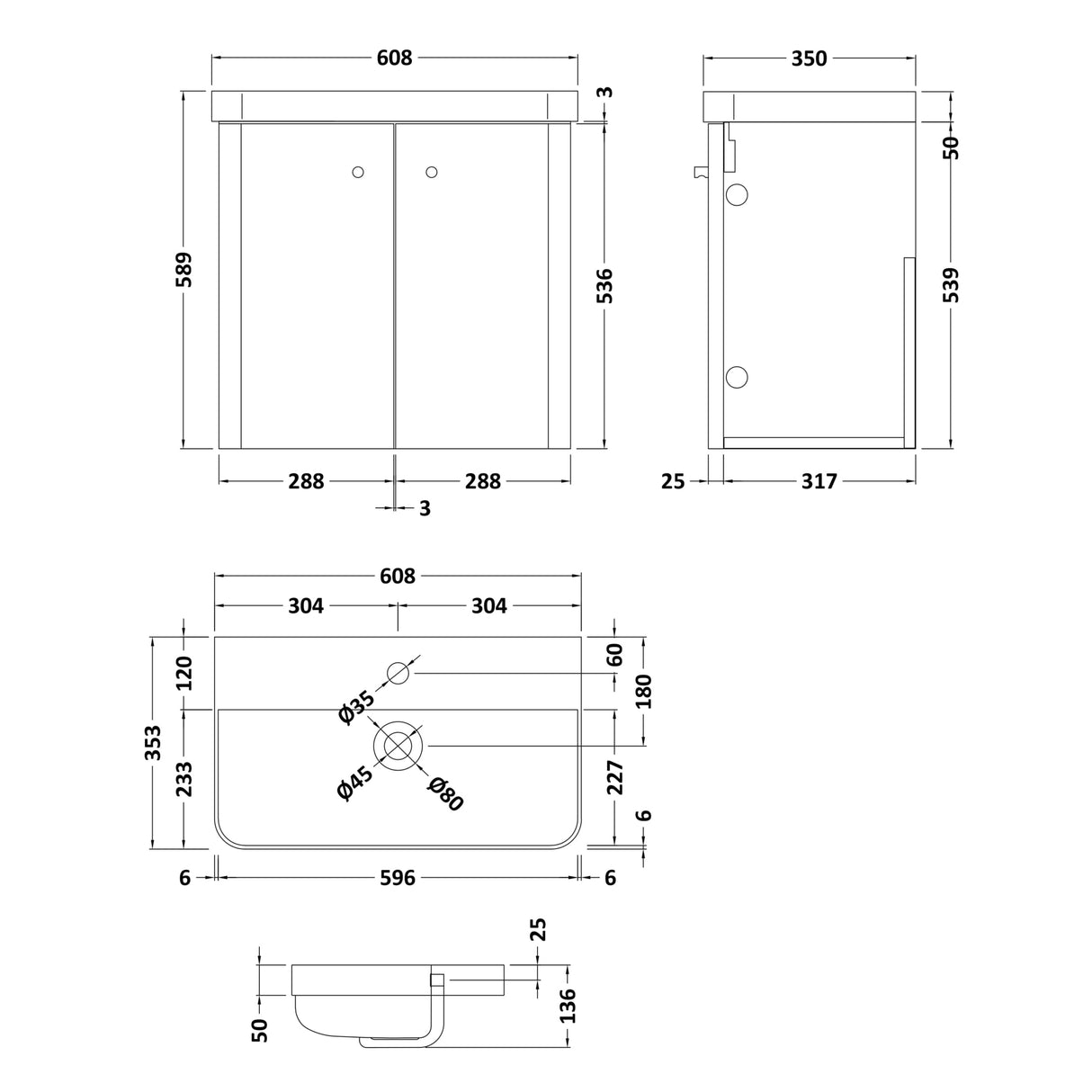 Nuie Core 600mm Wall Hung 2 Door Vanity Unit & Basin Soft Black COR1405 LD