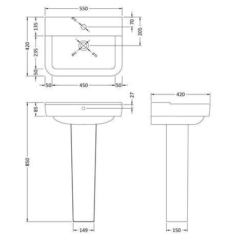 Hudson Reed Arlo Basin & Full Pedestal 550mm wide, 1 Tap Hole White CPC025 LD