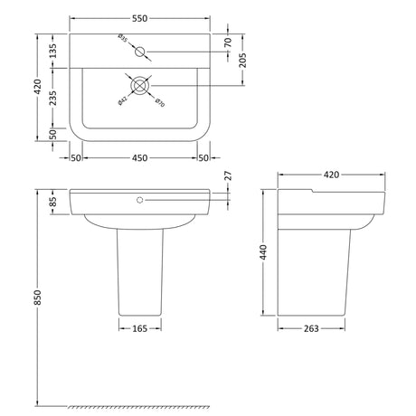 Hudson Reed Arlo Wall Hung Basin & Semi Pedestal 550mm wide, 1 Tap Hole White CPC026 LD