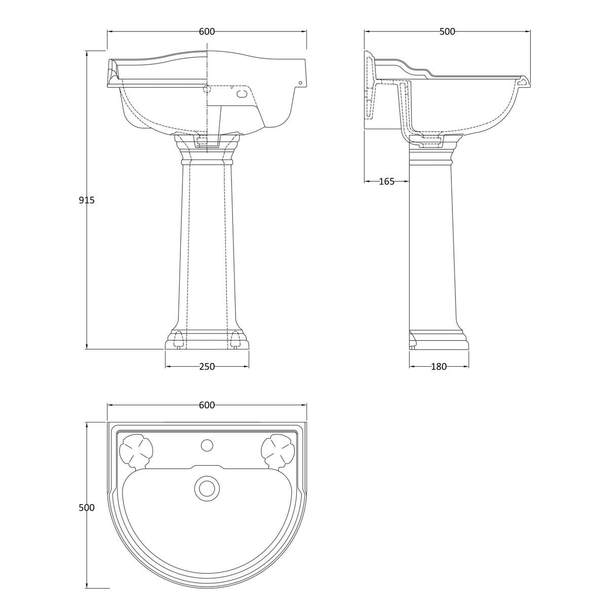 Old London Chancery Basin & Full Pedestal, 1 Tap Hole White CRT002 LD
